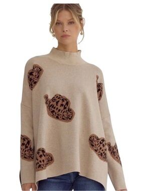 Entro Beige Leopard Cowboy Hat Mock Neck Sweater Size Medium and Large